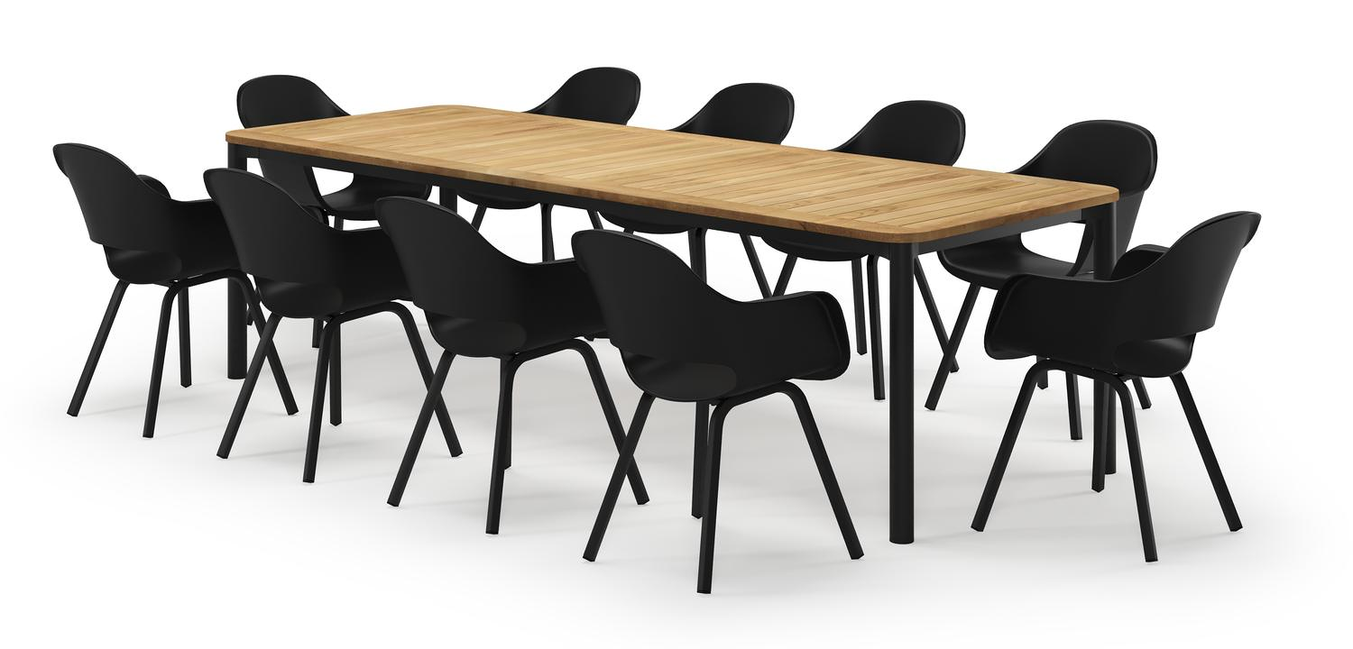 Mira rechthoekige afgeronde tuinset in zwart aluminium en teak natural finish met 10 Artena tuinstoelen