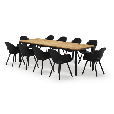 Mira rechthoekige afgeronde tuinset in zwart aluminium en teak natural finish met 10 Artena tuinstoelen