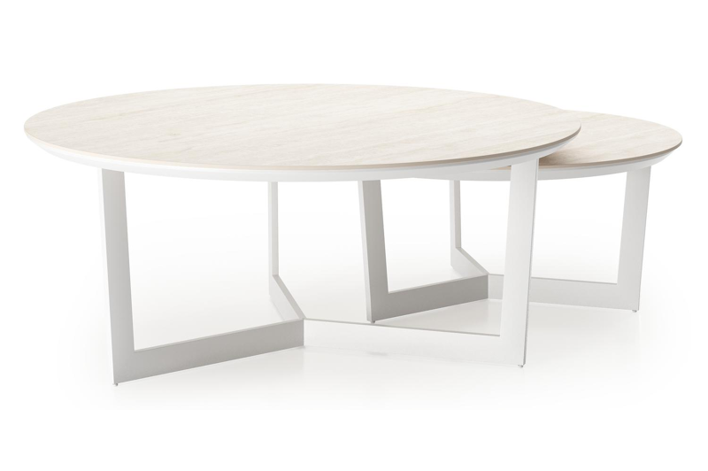 Ensemble de 2 tables d'appoint Lacrima ronde en blanc aluminium et céramique pleine Travertino Bianco - Diam. 85 x Haut. 35 cm