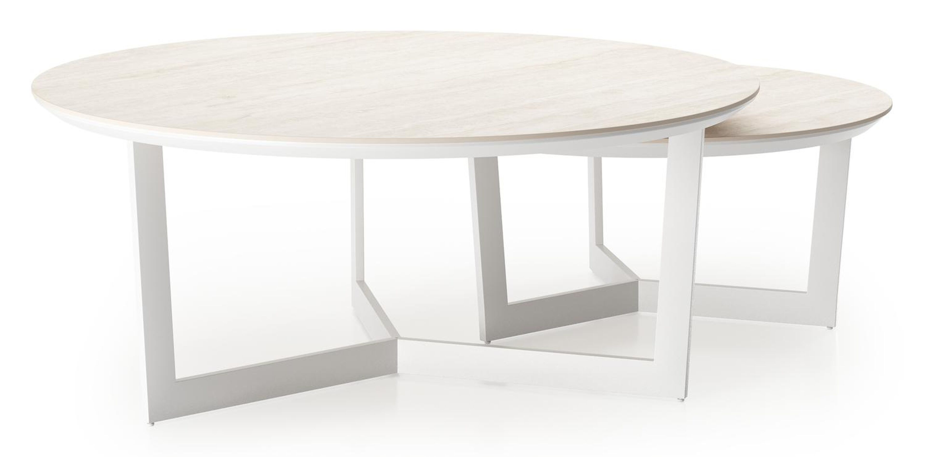 Ensemble de 2 tables d'appoint Lacrima ronde en blanc aluminium et céramique pleine Travertino Bianco - Diam. 85 x Haut. 35 cm