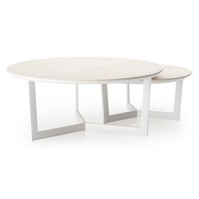 Ensemble de 2 tables d'appoint Lacrima ronde en blanc aluminium et céramique pleine Travertino Bianco - Diam. 85 x Haut. 35 cm