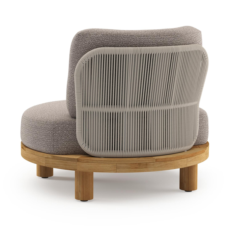 Donato loungestoel in teak en beige verticaal geweven ronde rope met all weather sunbrella® luxe Wander Granite kussen