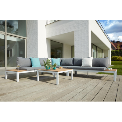 Fauteuil de jardin Toma 1-pl en aluminium blanc et polywood avec coussin en polyester gris