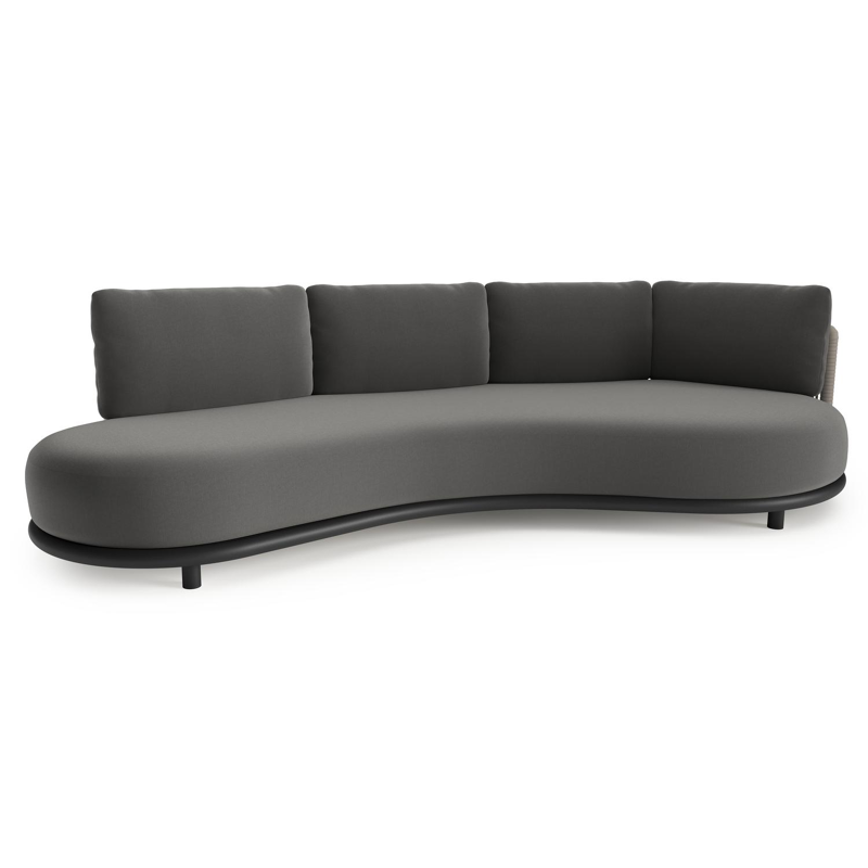 Lomano loungebank in zwart aluminium en beige verticaal geweven luxe vlakke rope met natte charcoal chine all weather sunbrella® luxe kussen