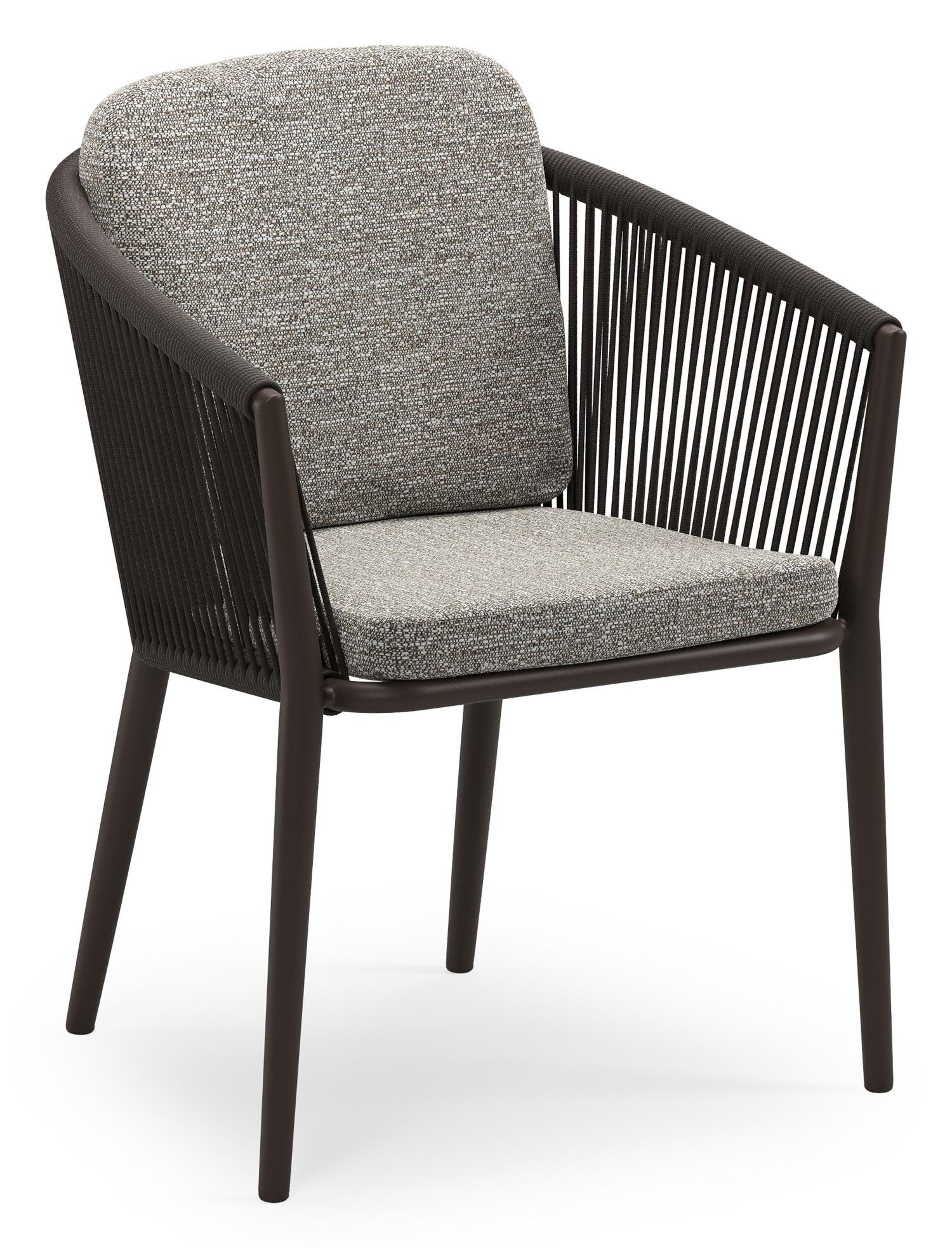 Chaise de jardin empilable Orso en aluminium brun foncé et corde ronde tissée verticalement brun foncé avec coussin en All Weather Sunbrella® Luxe Tundra Pepper