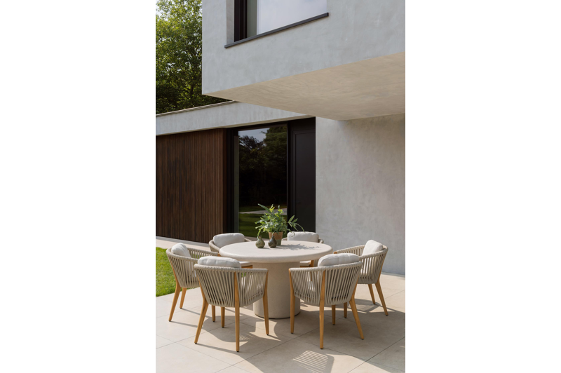 Orso tuinstoel in teak en beige verticaal geweven luxe vlakke rope