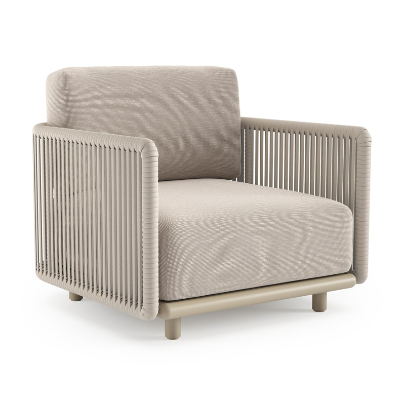 Fauteuil de jardin Organo en aluminium beige et corde luxe plate tissée verticalement beige et coussin en all weather Sunbrella® luxe slow farafra