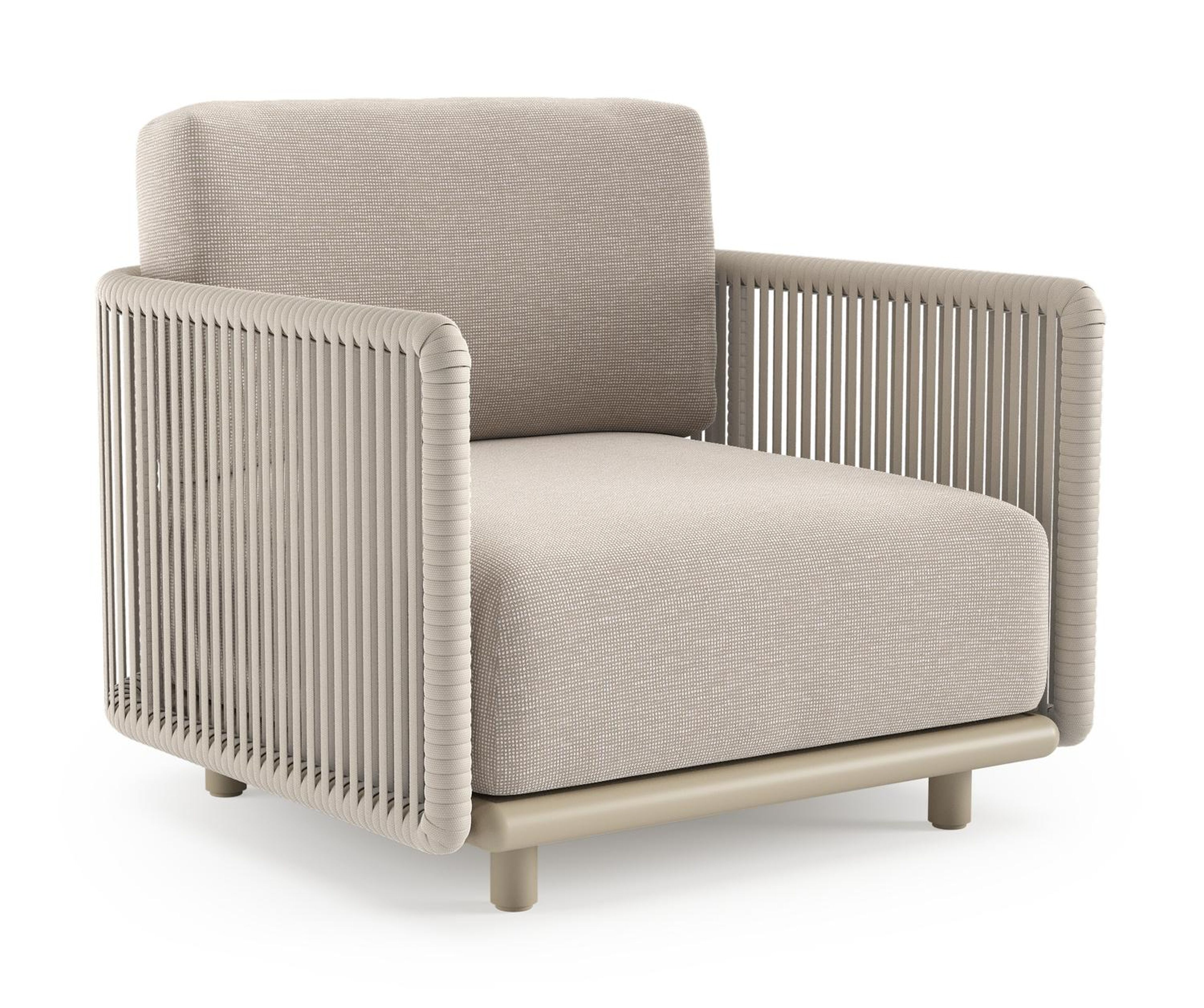 Organo loungestoel in beige aluminium en beige verticaal geweven luxe vlakke rope met slow farafra all weather Sunbrella® luxe kussen