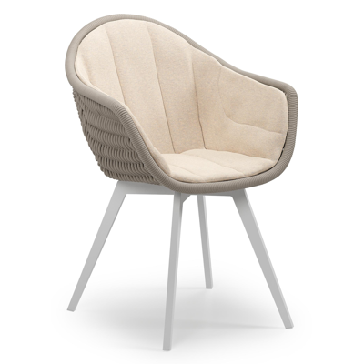 Pagino tuinstoel in wit aluminium en beige verticaal geweven ronde rope met zitkussen in All Weather Sunbrella® Luxe Heritage Papyrus
