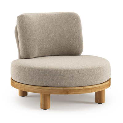 Donato loungestoel in teak en beige verticaal geweven ronde rope met all weather sunbrella® luxe Chartres Pewter kussen