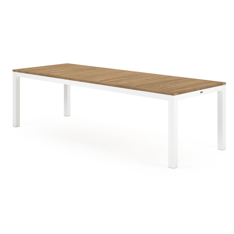 Varese tuinset in wit aluminium en naturel teak tafelblad met 10 stapelbare Madura tuinstoelen