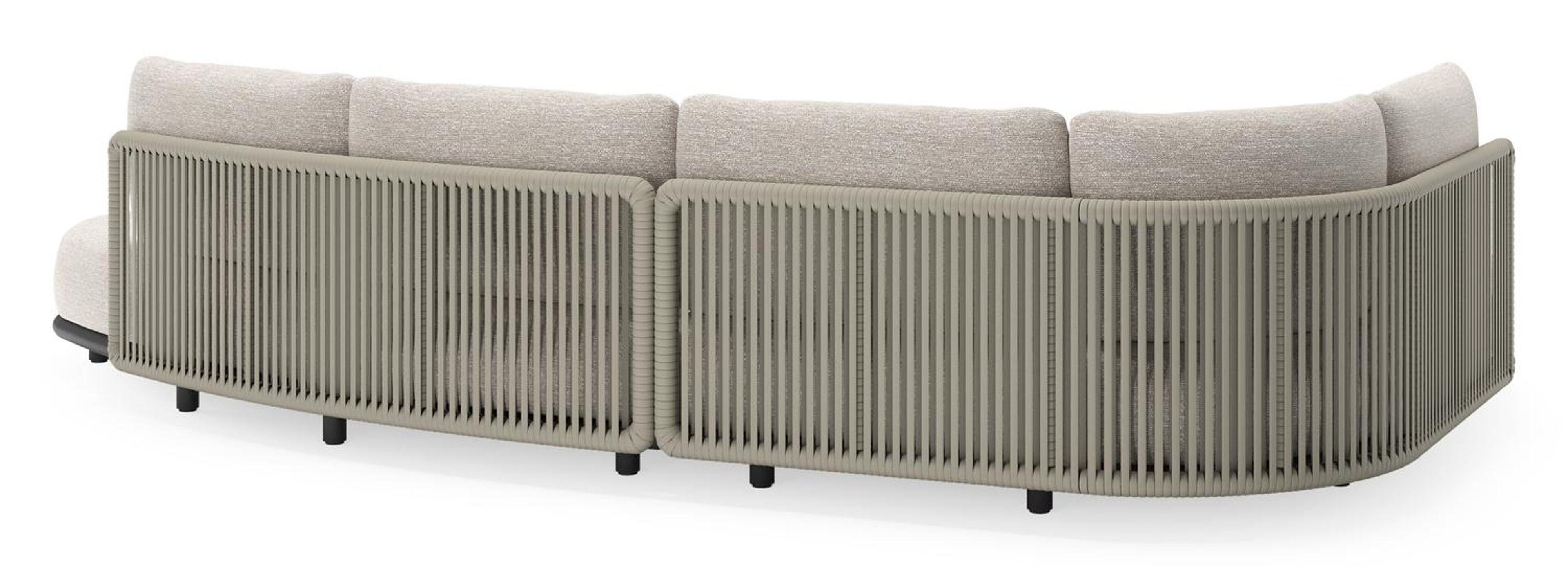 Salon de jardin d'angle Lomano en aluminium noir et corde luxe plate tissée verticalement beige et coussins en all weather sunbrella® luxe Tundra Sand