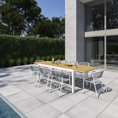 Oviedo tuinset met verlengbare tafel in wit aluminium en naturel polywood tafelblad met 8 stapelbare Vigo tuinstoelen
