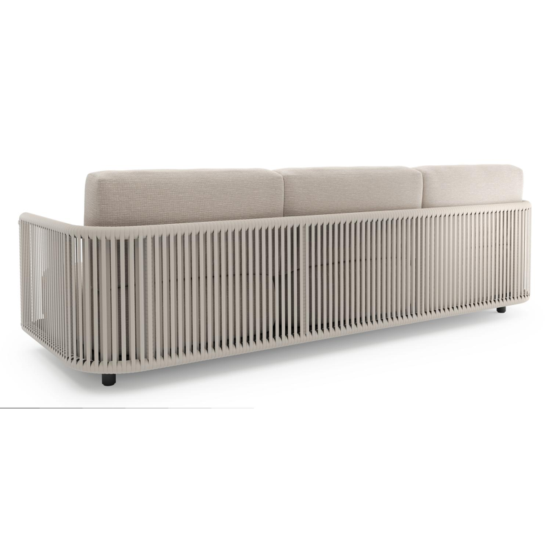 Canapé de jardin Organo en aluminium noir et corde luxe plate tissée verticalement beige et coussin en all weather Sunbrella® luxe slow farafra