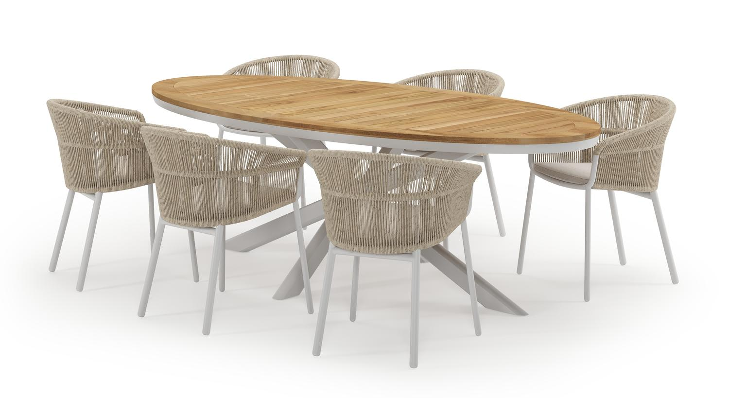 Pamplona ensemble de jardin ovale en aluminium blanc en teck natural finish avec 6 chaises de jardin Matera