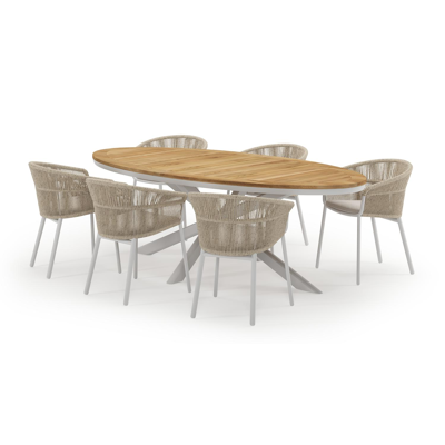 Pamplona ovale tuinset in wit aluminium en teak natural finish met 6 Matera tuinstoelen
