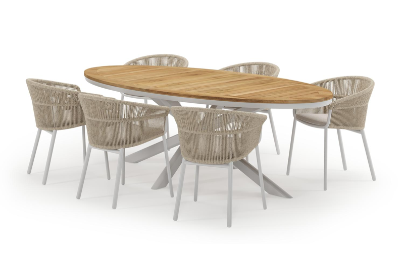 Pamplona ovale tuinset in wit aluminium en teak natural finish met 6 Matera tuinstoelen