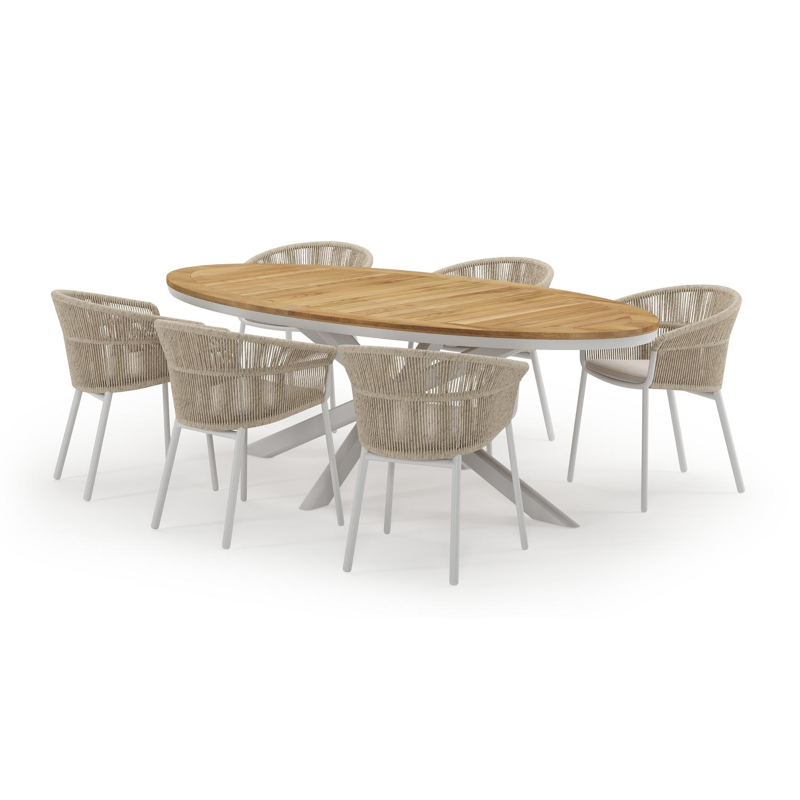 Pamplona ovale tuinset in wit aluminium en teak natural finish met 6 Matera tuinstoelen