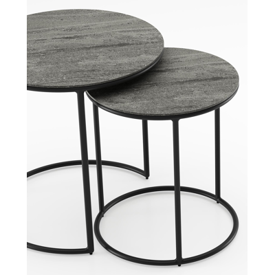 Set van 2 Fano loungetafels in zwart aluminium met volkeramiek Aspen Grey - tafel 1: dia 50 x H 50, tafel 2: dia 40 x H 45 cm