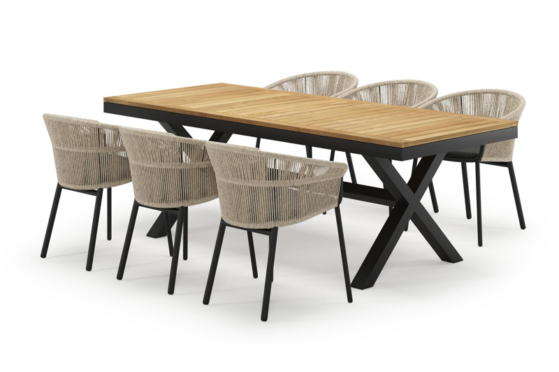Reza rechthoekige tuinset in zwart aluminium en teak natural finish met 6 Matera tuinstoelen
