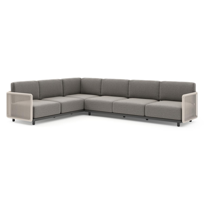 Organo loungehoek in zwart aluminium en beige verticaal geweven luxe vlakke rope met chartres drizzle all weather Sunbrella® luxe kussen