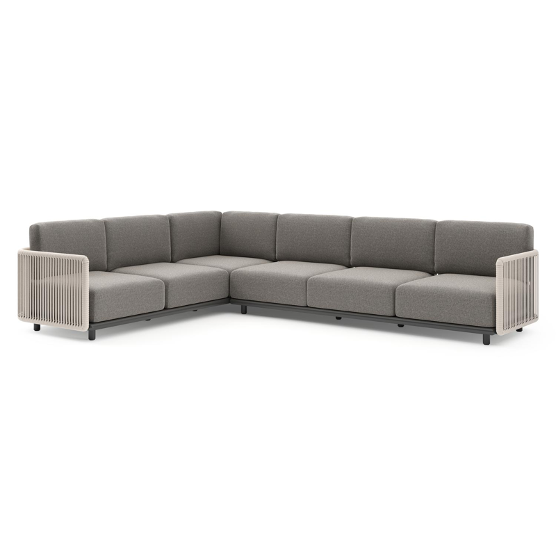 Salon de jardin d'angle Organo en aluminium noir et corde luxe plate tissée verticalement beige et coussin en all weather Sunbrella® luxe chartres drizzle