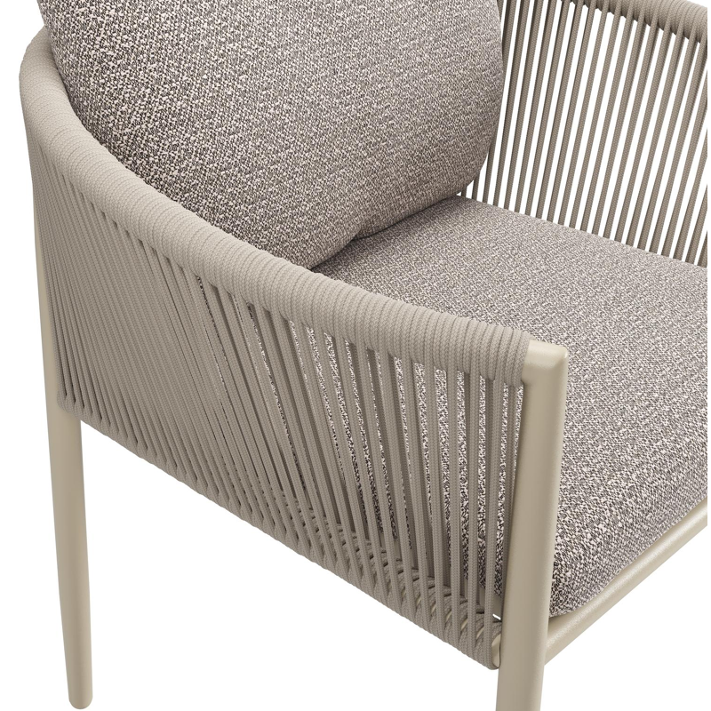 Organo tuinstoel in zwart aluminium en beige verticaal geweven ronde rope met stoelkussen in All Weather Sunbrella® Luxe Wander Granite