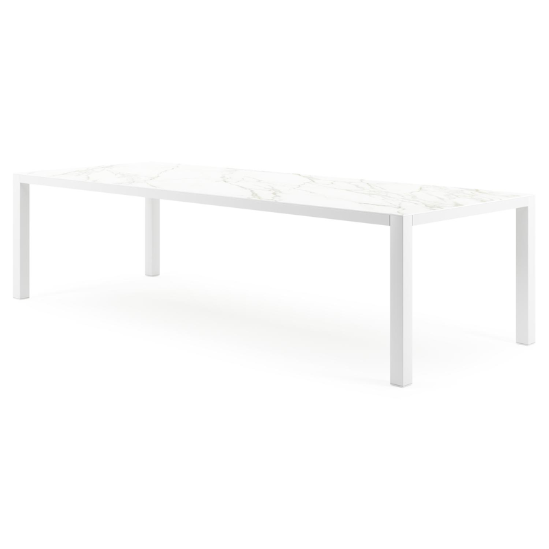 Table de jardin Como en aluminium blanc et céramique pleine calacatta - Lg 280 x Larg. 110 x H 75 cm
