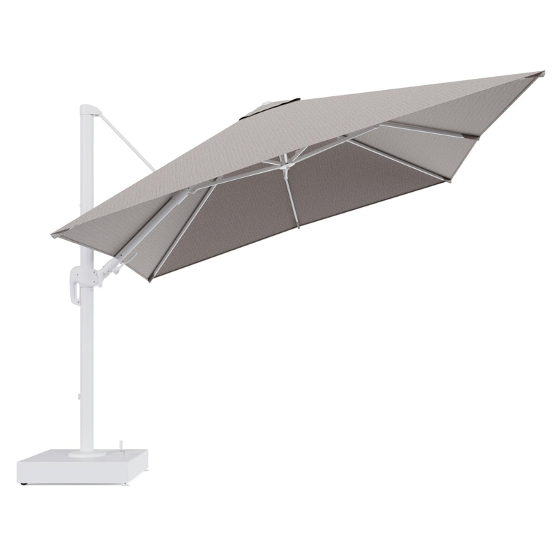 Rufina zweefparasol met tiltfunctie in wit aluminium en Wander Granite All Weather Sunbrella® Luxe parasoldoek - L1 300 x L2 300 cm met parasolvoet Minore 150 kg met wielen
