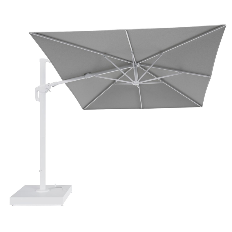 Minore zweefparasol met tiltfunctie in wit aluminium en All Weather Sunbrella Luxe Savane Nimbus - L1 400 x L2 300 cm met parasolvoet Minore 260 kg met wielen