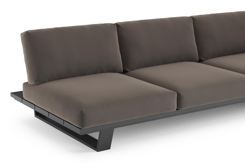 Canapé de jardin Pagino en aluminium noir et coussins en all weather sunbrella® luxe natte nature grey