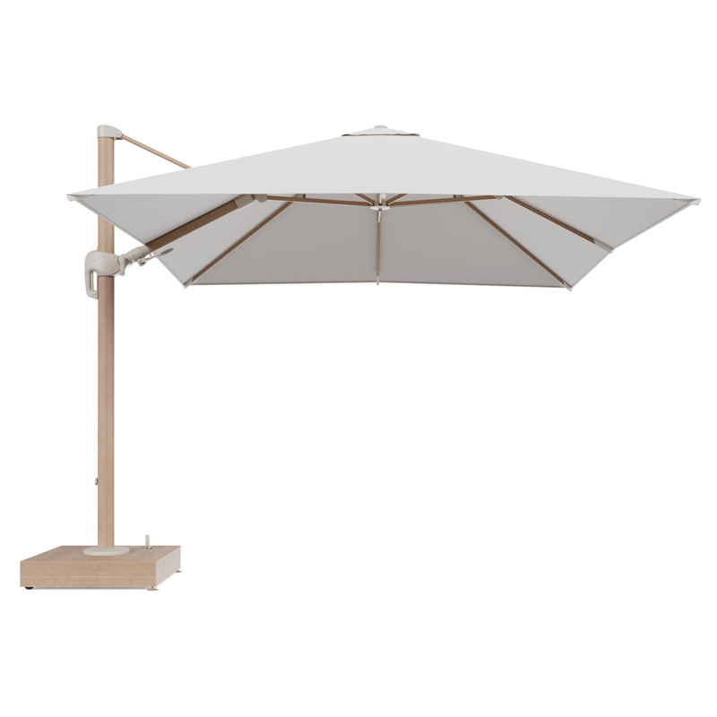Rufina zweefparasol met tiltfunctie in houtlook aluminium en Soul Optik All Weather Solica parasoldoek - L1 300 x L2 300 cm met parasolvoet Minore 150 kg met wielen