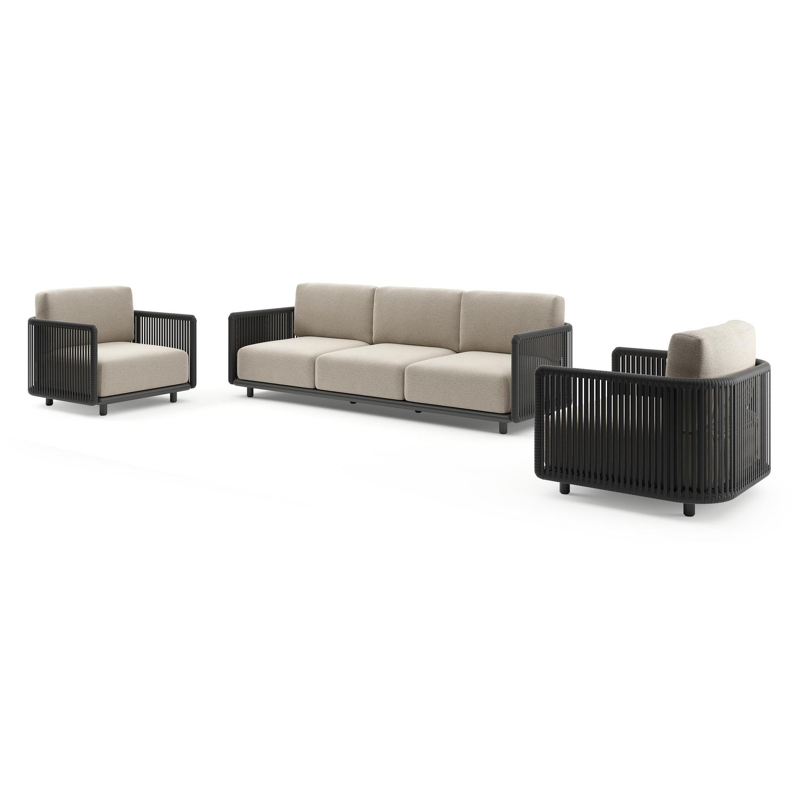 Salon de jardin Organo en aluminium noir et corde luxe plate tissée verticalement noir et coussin en all weather Cosytica catania sand