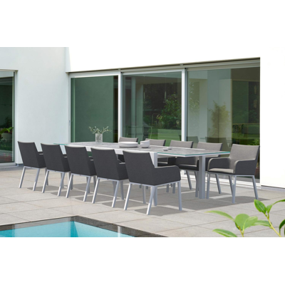 Calobra tuinset met verlengbare tafel in wit aluminium en grijs glas tafelblad met 10 Rivo tuinstoelen