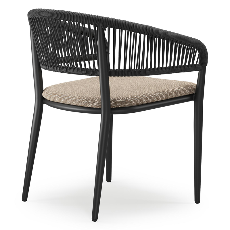 Tolfa stapelbare tuinstoel in zwart aluminium en zwart verticaal geweven ronde rope met stoelkussen in All Weather Solica Firenze Earth