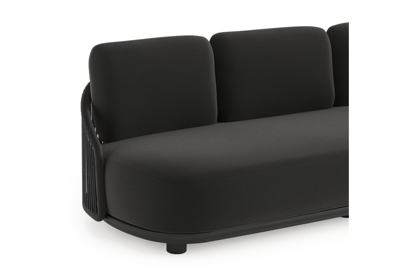 Vadelo loungebank in zwart aluminium en zwart verticaal geweven ronde rope met natte sooty all weather sunbrella® luxe kussen