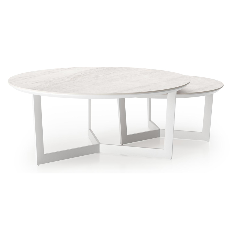 Lacrima set van 2 loungetafels rond in wit aluminium en volkeramiek Taj Mahal - Dia. 85 x H 35 cm