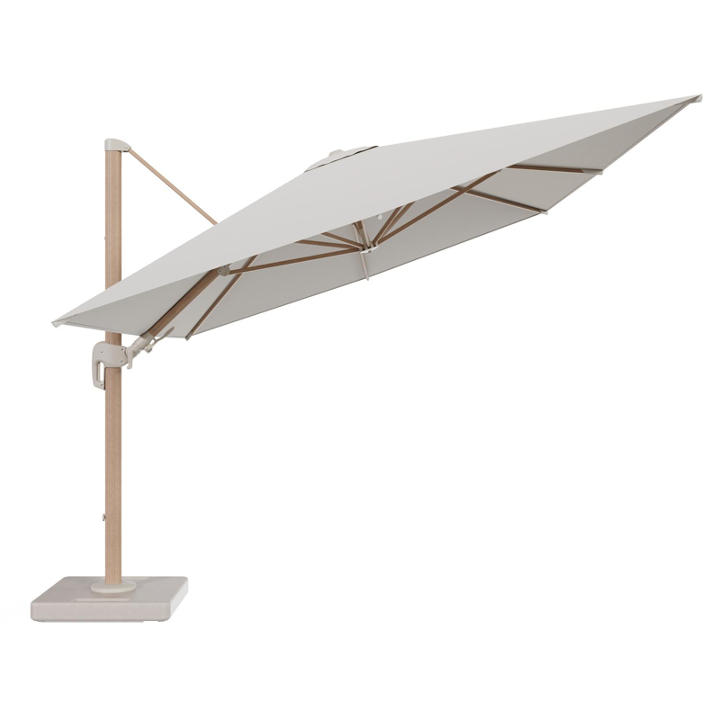 Rufina zweefparasol tiltfunctie in houtlook aluminium en parasoldoek in All Weather Sunbrella® Luxe Lopi Marble - L1 400 x L2 300 cm met parasolvoet Lapido 160 kg