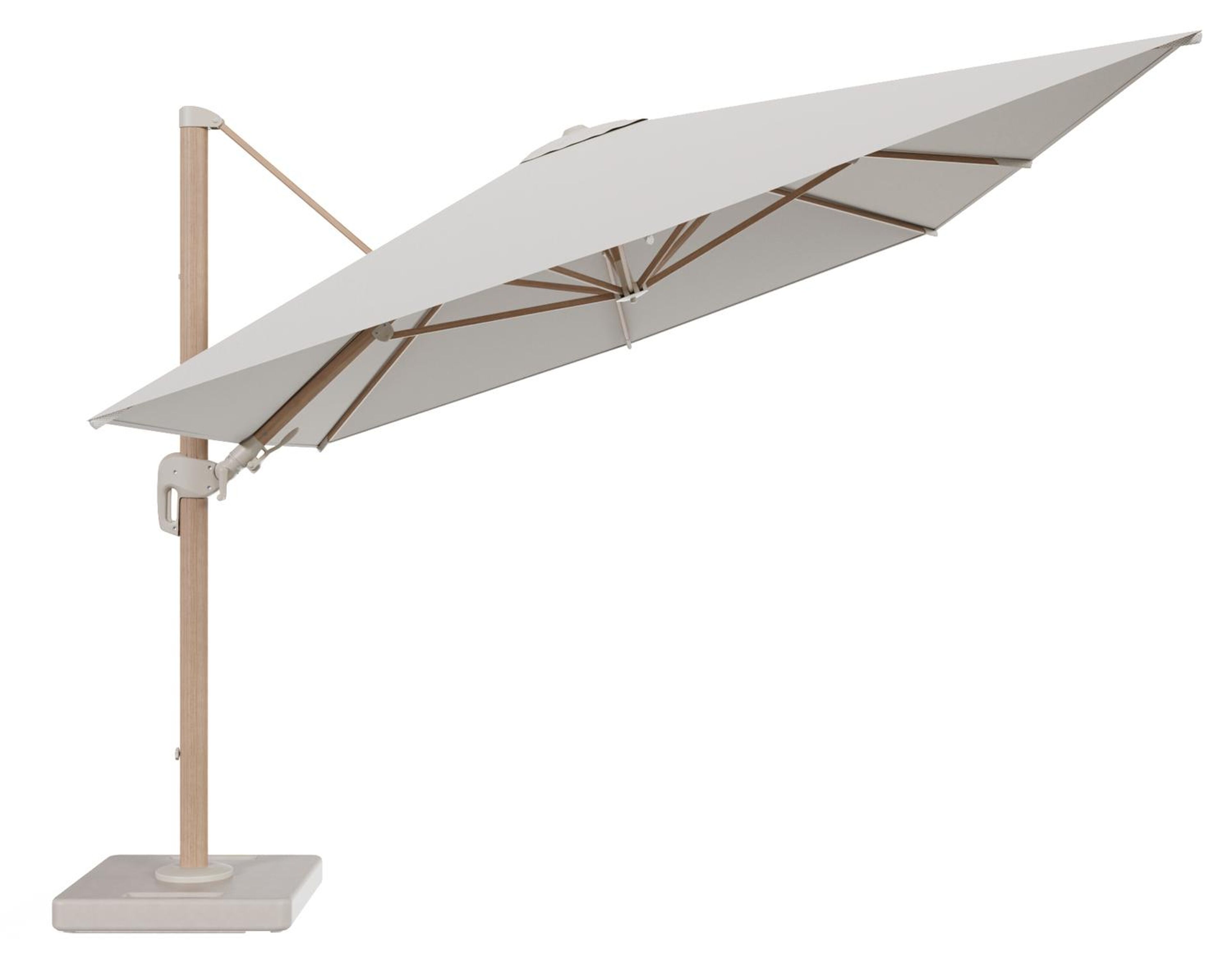 Rufina zweefparasol tiltfunctie in houtlook aluminium en parasoldoek in All Weather Sunbrella® Luxe Lopi Marble - L1 400 x L2 300 cm met parasolvoet Lapido 160 kg