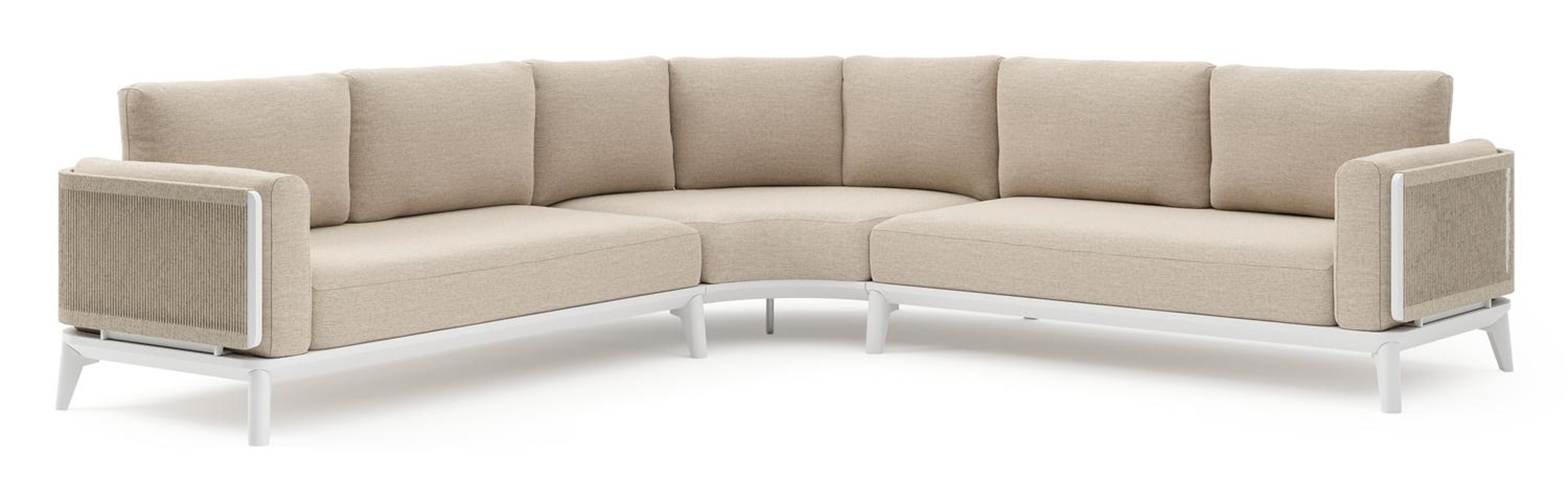 Mosa loungehoek in wit aluminium en beige gedraaide ronde wicker met rustic weather+ softtouch kussen