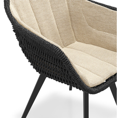 Pagino tuinstoel in zwart aluminium en zwart ronde wicker met zitkussen in All Weather Cosytica Althea Camel