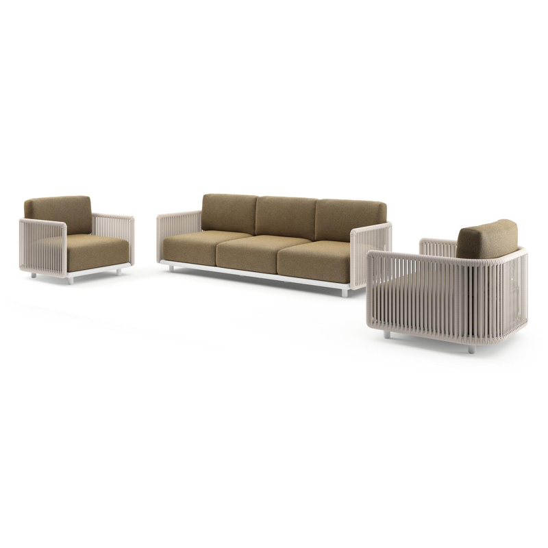 Salon de jardin Organo en aluminium blanc et corde luxe plate tissée verticalement beige et coussin en all weather Cosytica madagascar walnut