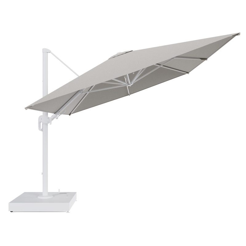 Rufina zweefparasol met tiltfunctie in wit aluminium en Firenze Sand All Weather Solica parasoldoek - L1 400 x L2 300 cm met parasolvoet Minore 260 kg met wielen
