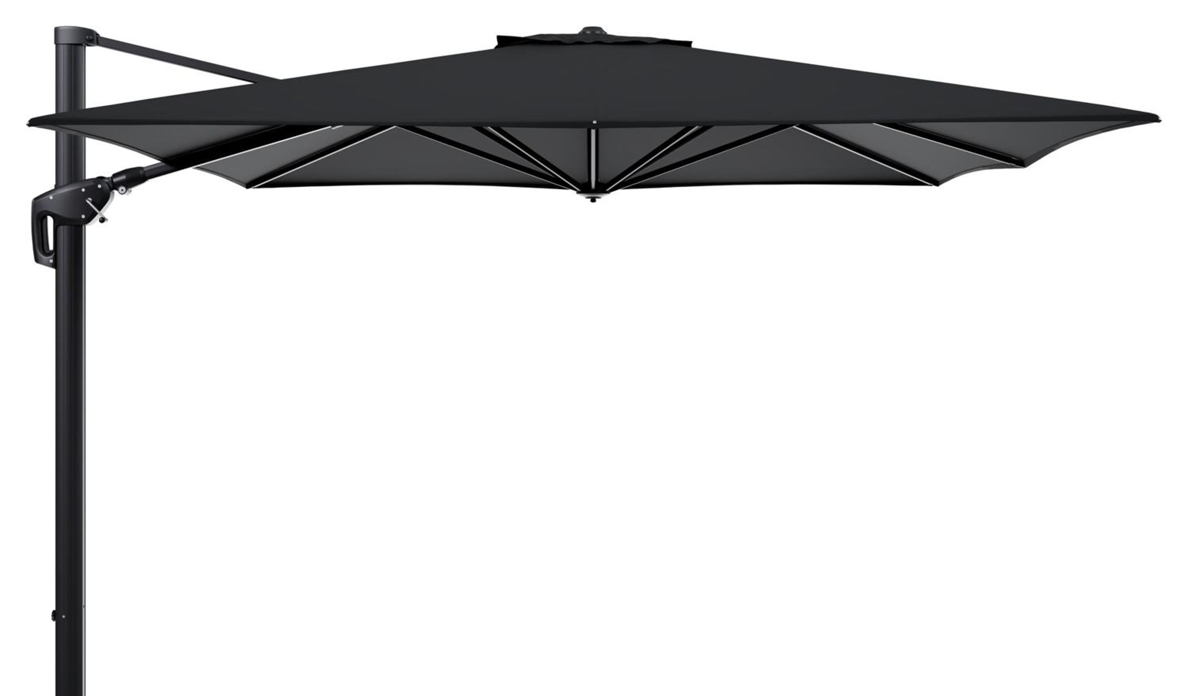 Parasol pendant Minore avec fonction tilt en aluminium noir avec toile de parasol en all weather sunbrella® premium noir - Larg1 350 x Larg2 350 cm (sans pied de parasol)