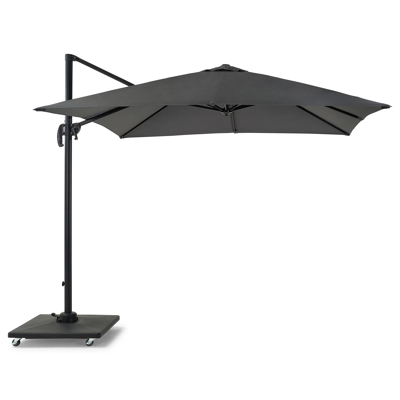 Calpe zweefparasol met tiltfunctie in zwart aluminium met grijs polyester parasoldoek - L1 270 x L2 270 cm (met voet)