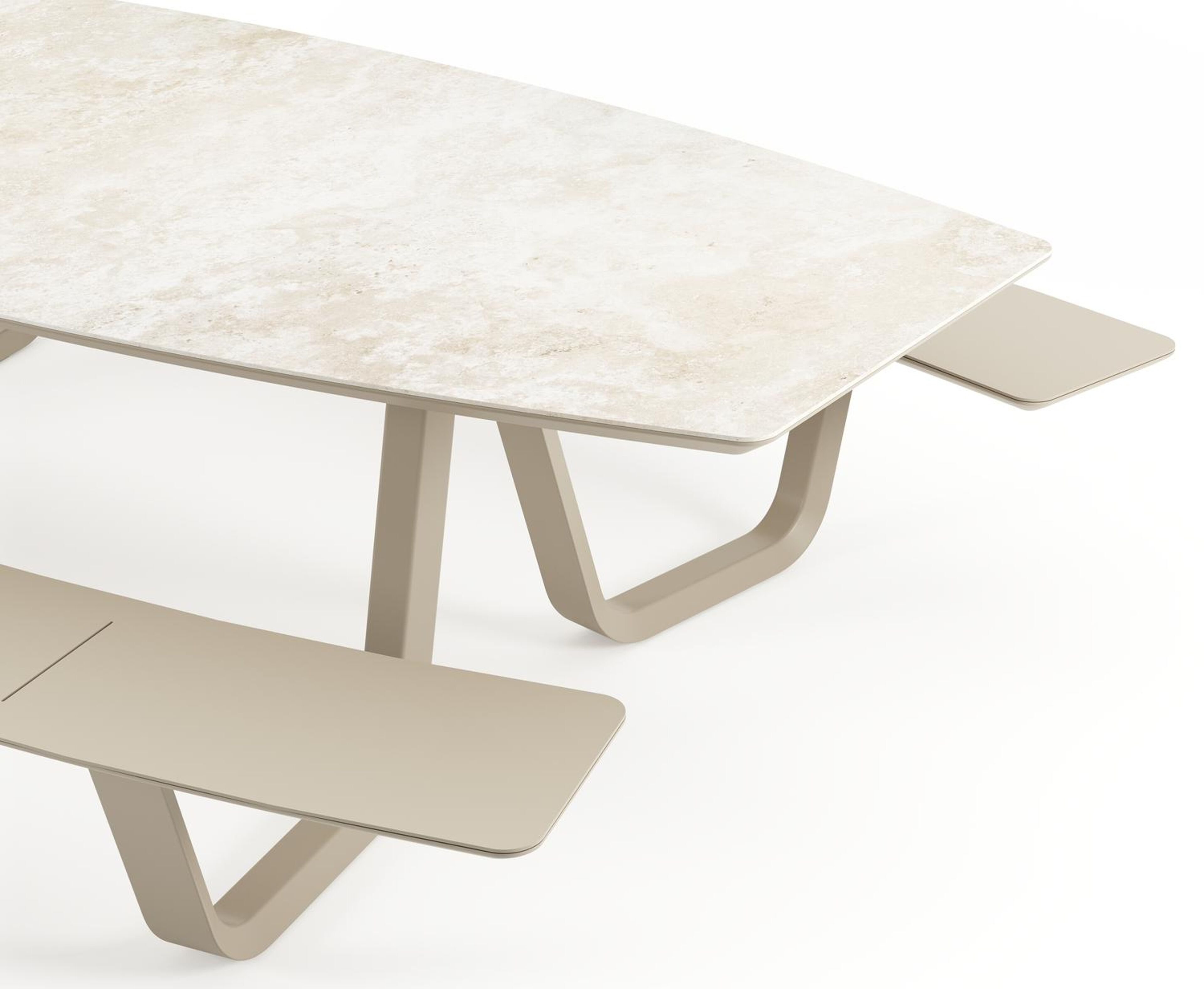 Table de pique-nique Forno forme de bateau en aluminium beige et céramique pleine Rapolano - Lg. 280 x Lrg. 192 x Haut. 72 cm