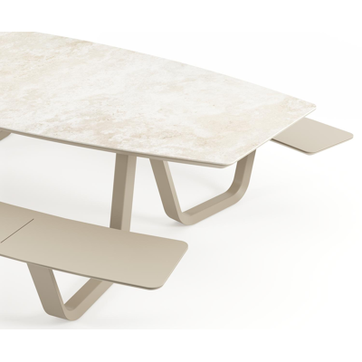 Table de pique-nique Forno forme de bateau en aluminium beige et céramique pleine Rapolano - Lg. 280 x Lrg. 112 cm