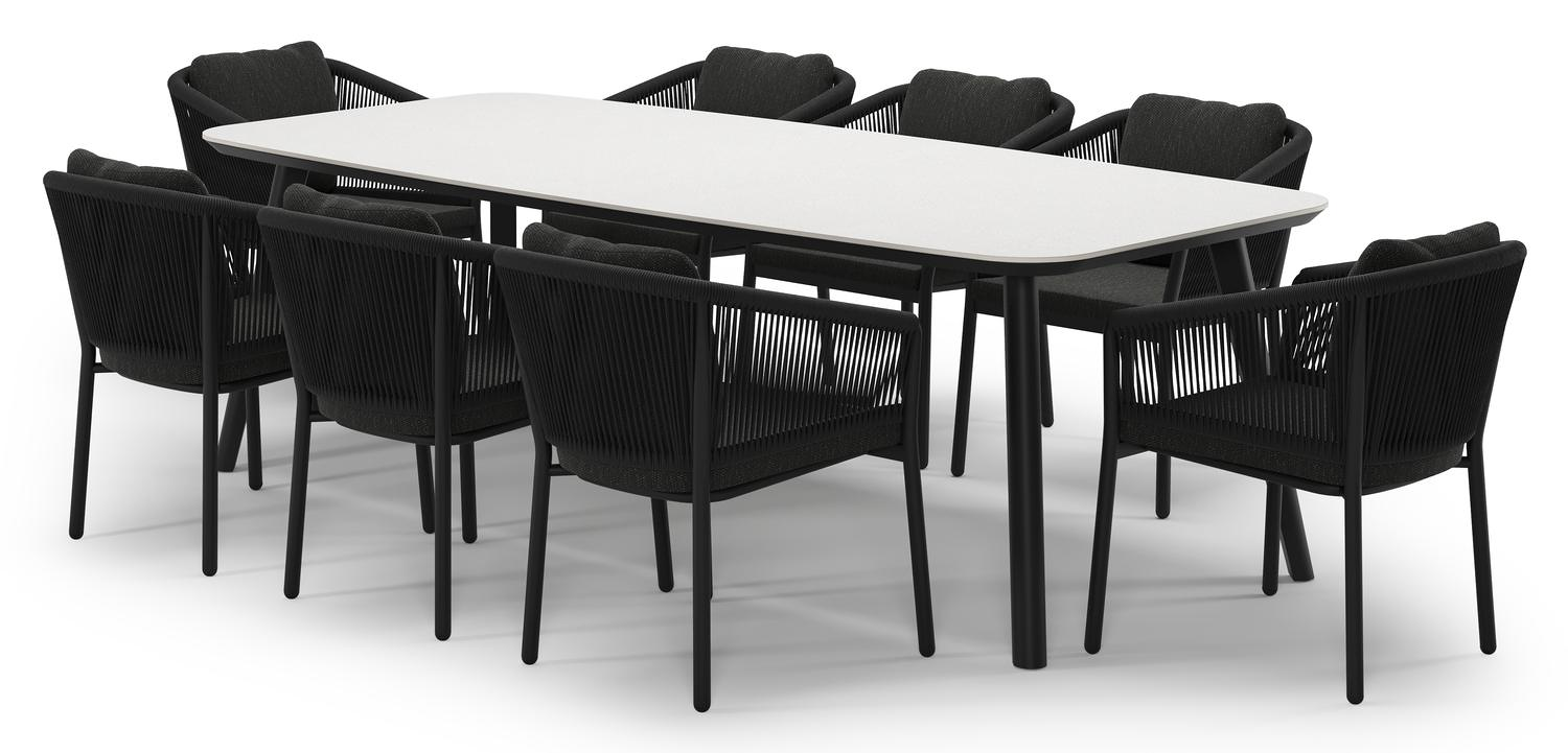 Mosa tuinset in zwart aluminium en topo minerale sintered stone met 8 Gerona tuinstoelen