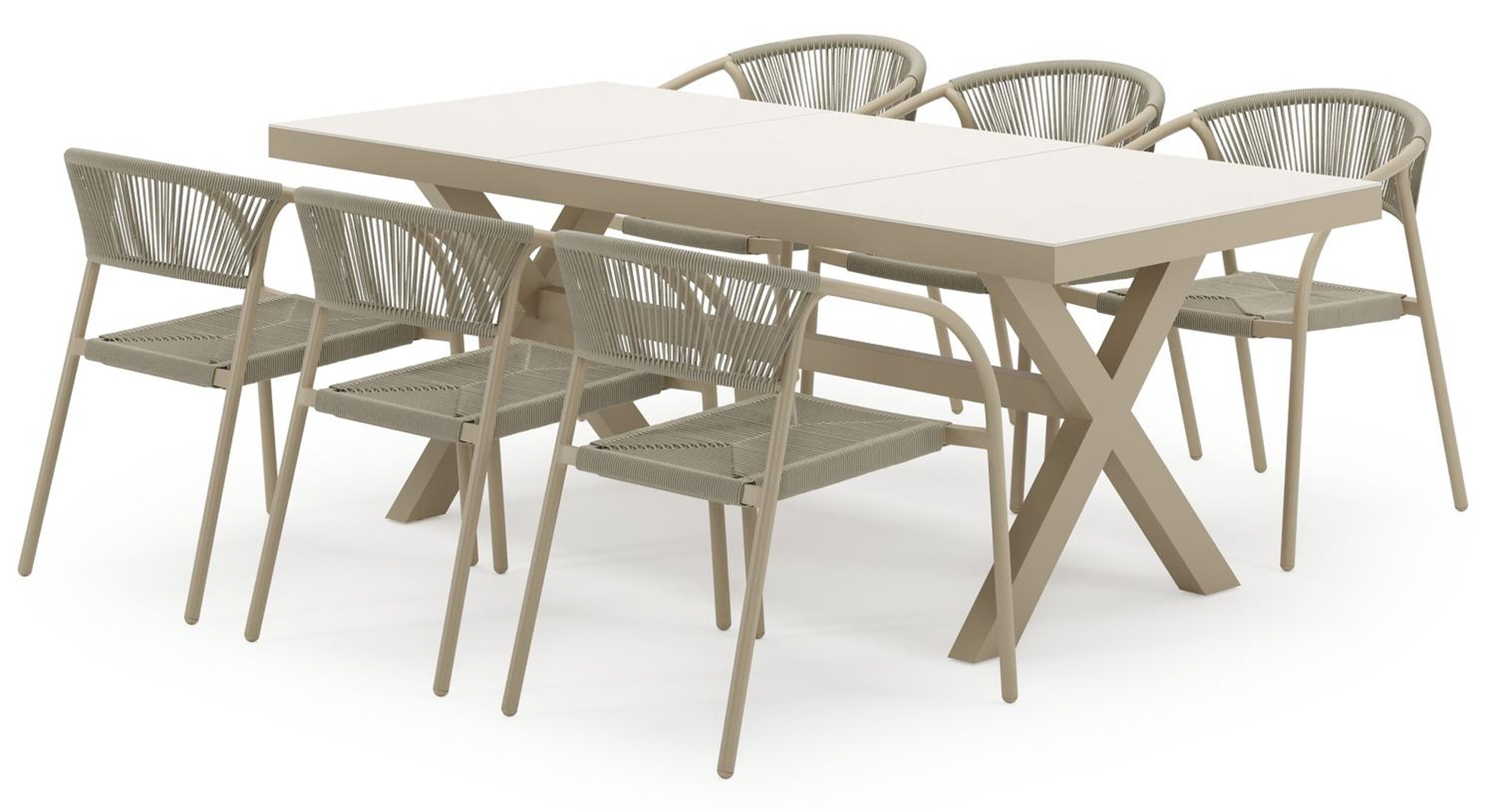 Bahia tuinset in beige aluminium en beige sintered stone met 6 stapelbare Melo tuinstoelen
