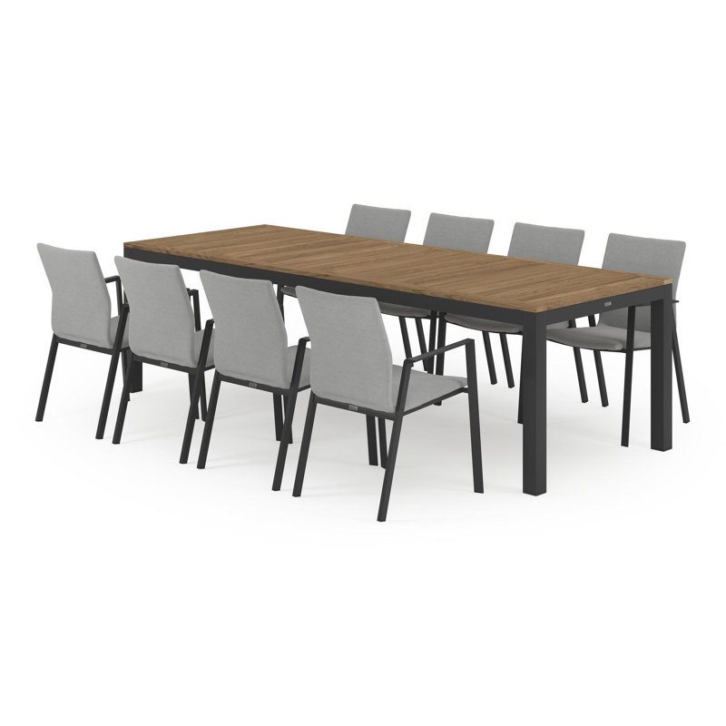 Ensemble de jardin Varese en aluminium noir avec plateau de table en teck naturel et 8 chaises de jardin empilables Madura